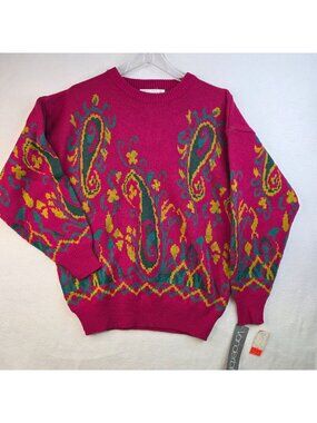 Vintage 80s Vanderbilt Paisley Pullover Sweater M Pink Vibrant Colorful Retro
